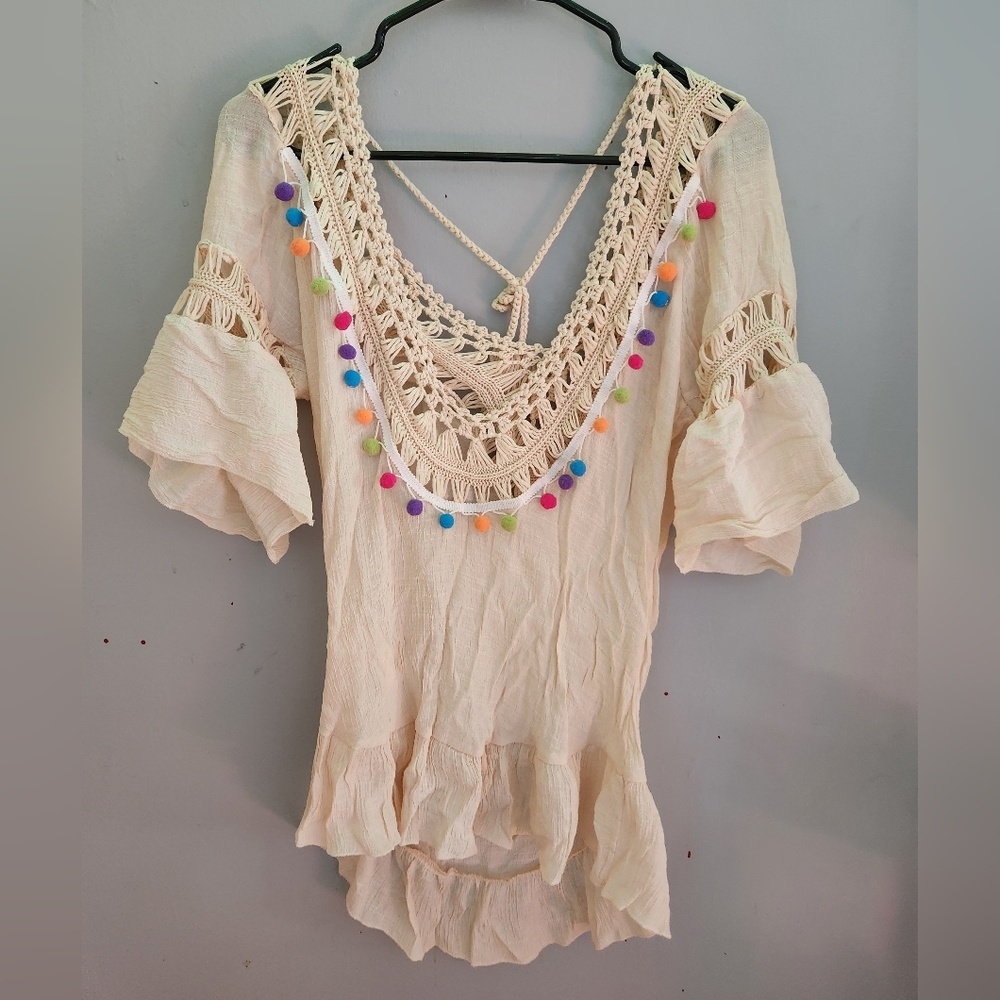 SHEIN Boho Cream Crochet Cover-Up with Colorful Pom-Poms🌈Vacation Vibes☀️ - Picture 1 of 3